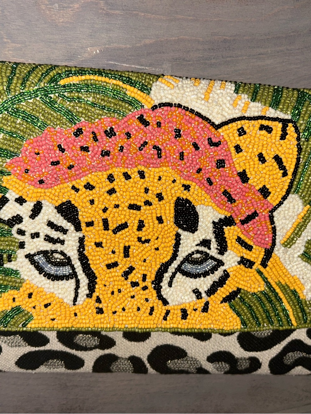Hand-Beaded Leopard beaded bag in Yellow, Pink and Green crossbody